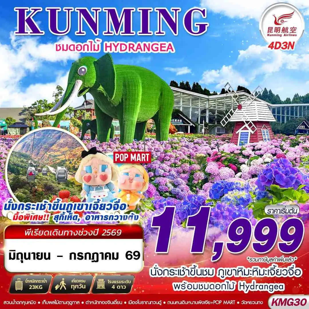 ทัวร์จีน KUNMING ภูเขาหิมะเจี้ยวจื่อ - ดอกไม้ Hydrangea 4วัน 3คืน (KY)